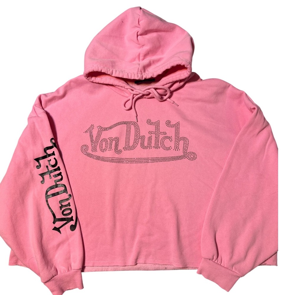 Von Dutch Pink Rhinestone Logo Cropped Hoodie Y2K Streetwear Pullover Large